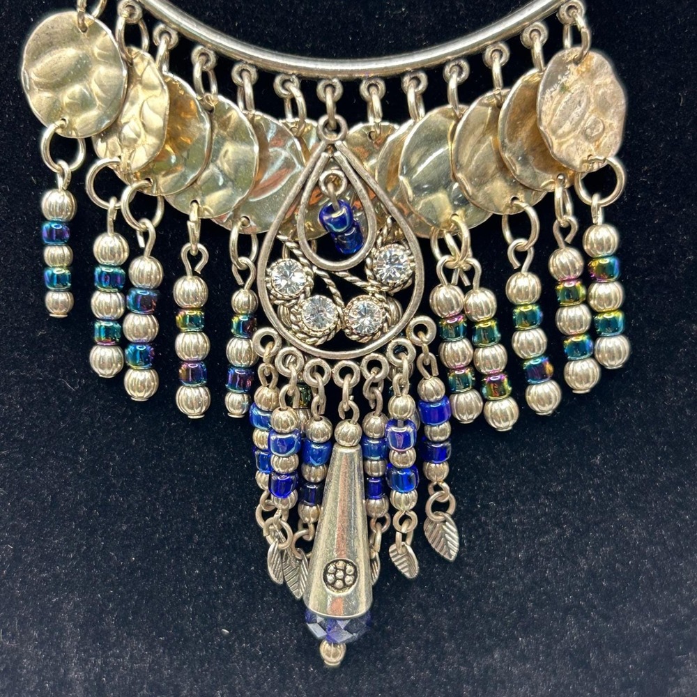 Boho Silver Tone Bib Necklace Blue Iridescent Beads Coin Dangle Heart Clasp 21in - Picture 2 of 5